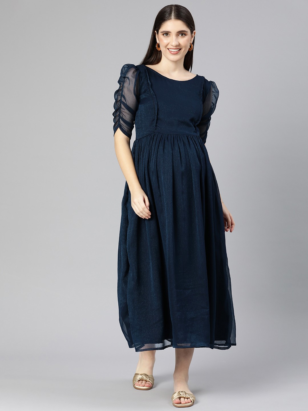 

Swishchick Blue Puff Sleeve Georgette Maternity Fit & Flare Maxi Dress