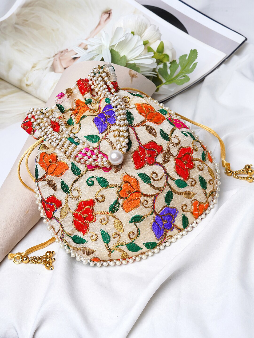 

TEEJH Cream-Coloured & Orange Embroidered Potli Clutch