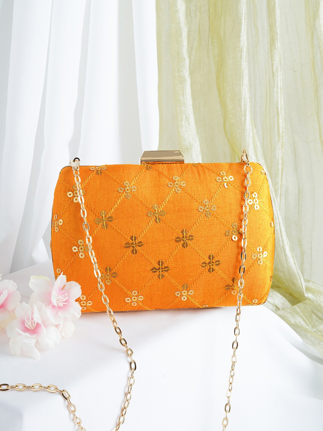 

TEEJH Mustard & Gold-Toned Embellished Box Clutch