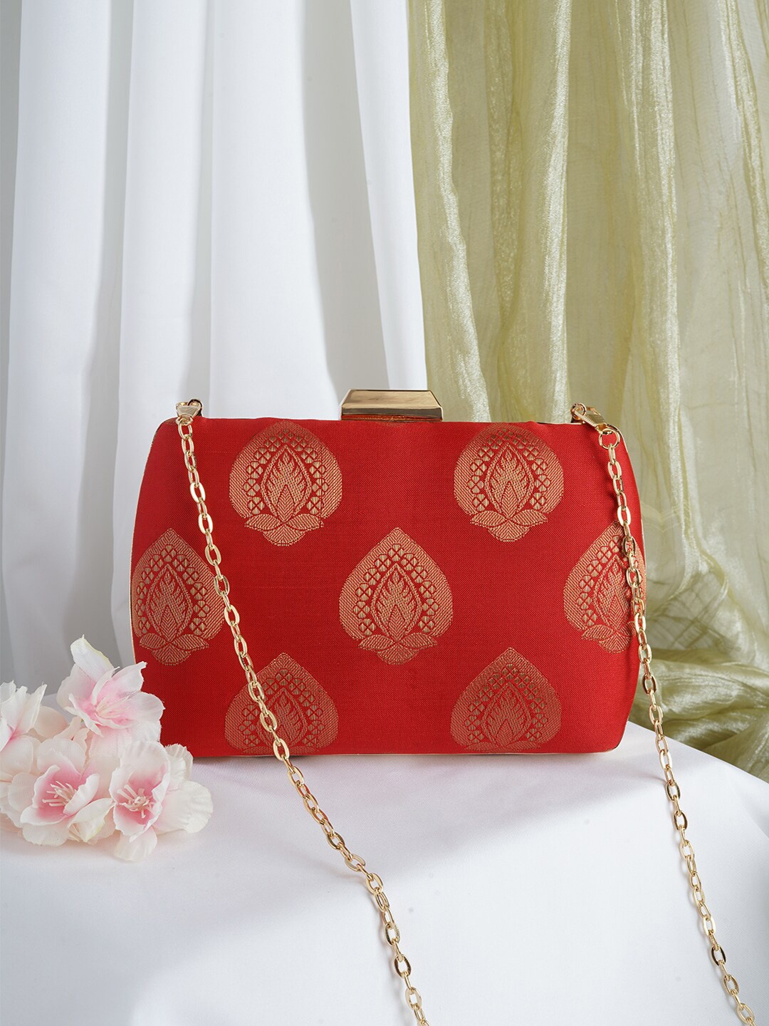 

TEEJH Printed Box Clutch, Red