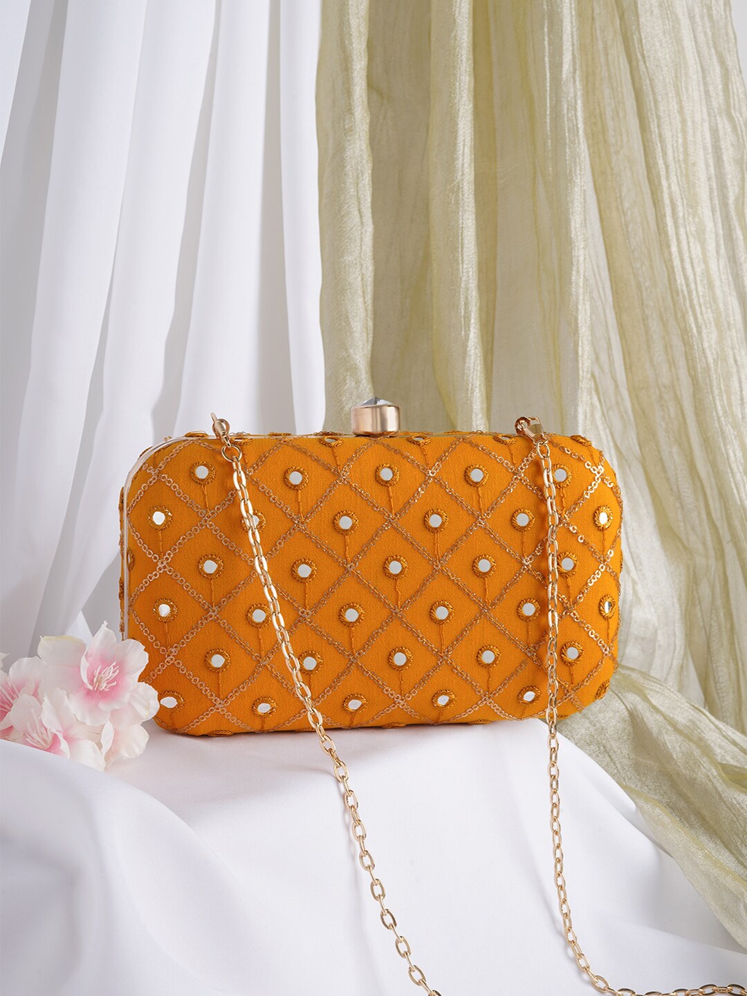 

TEEJH Embroidered Box Clutch, Yellow
