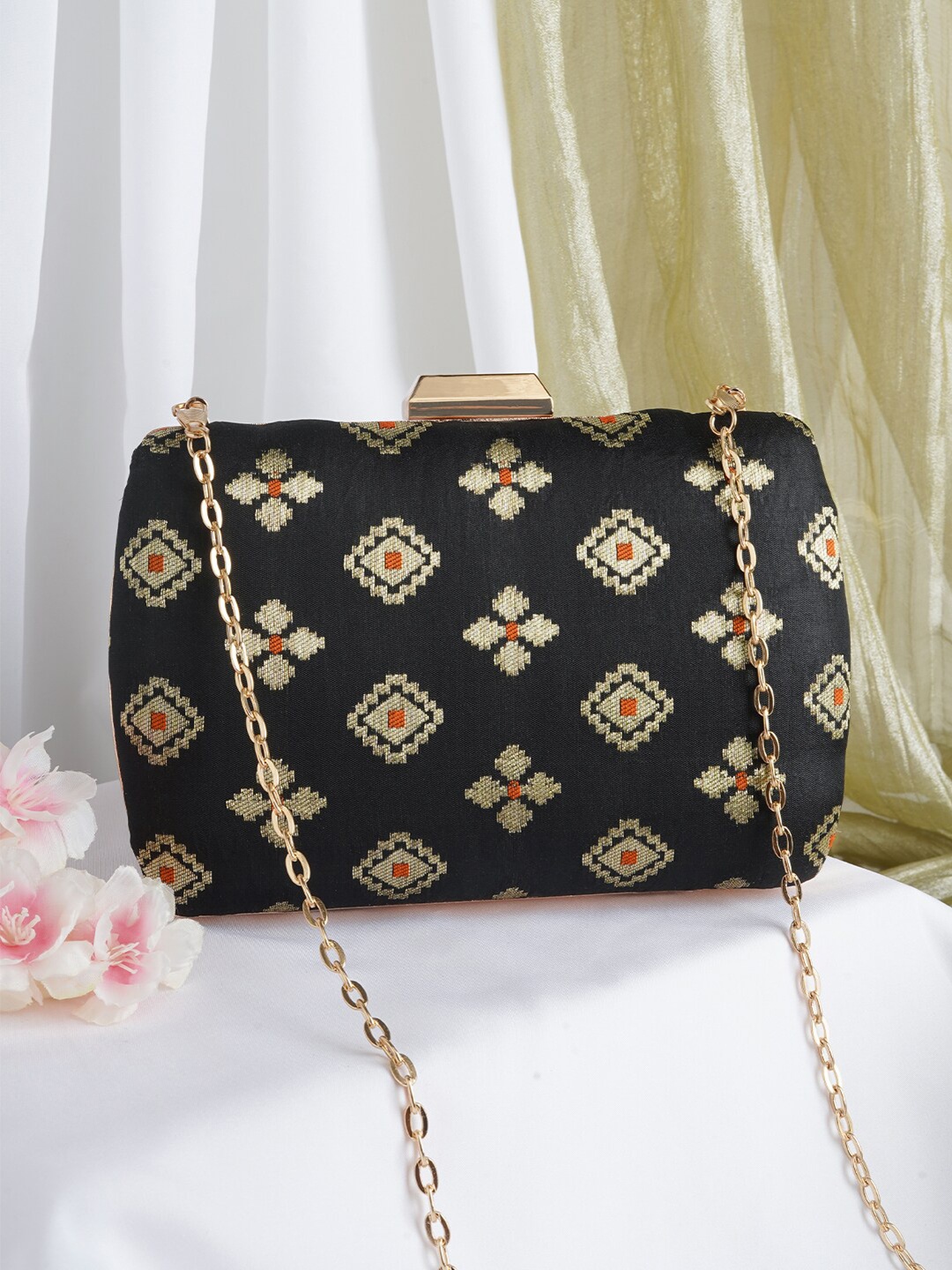 

TEEJH Printed Box Clutch, Black