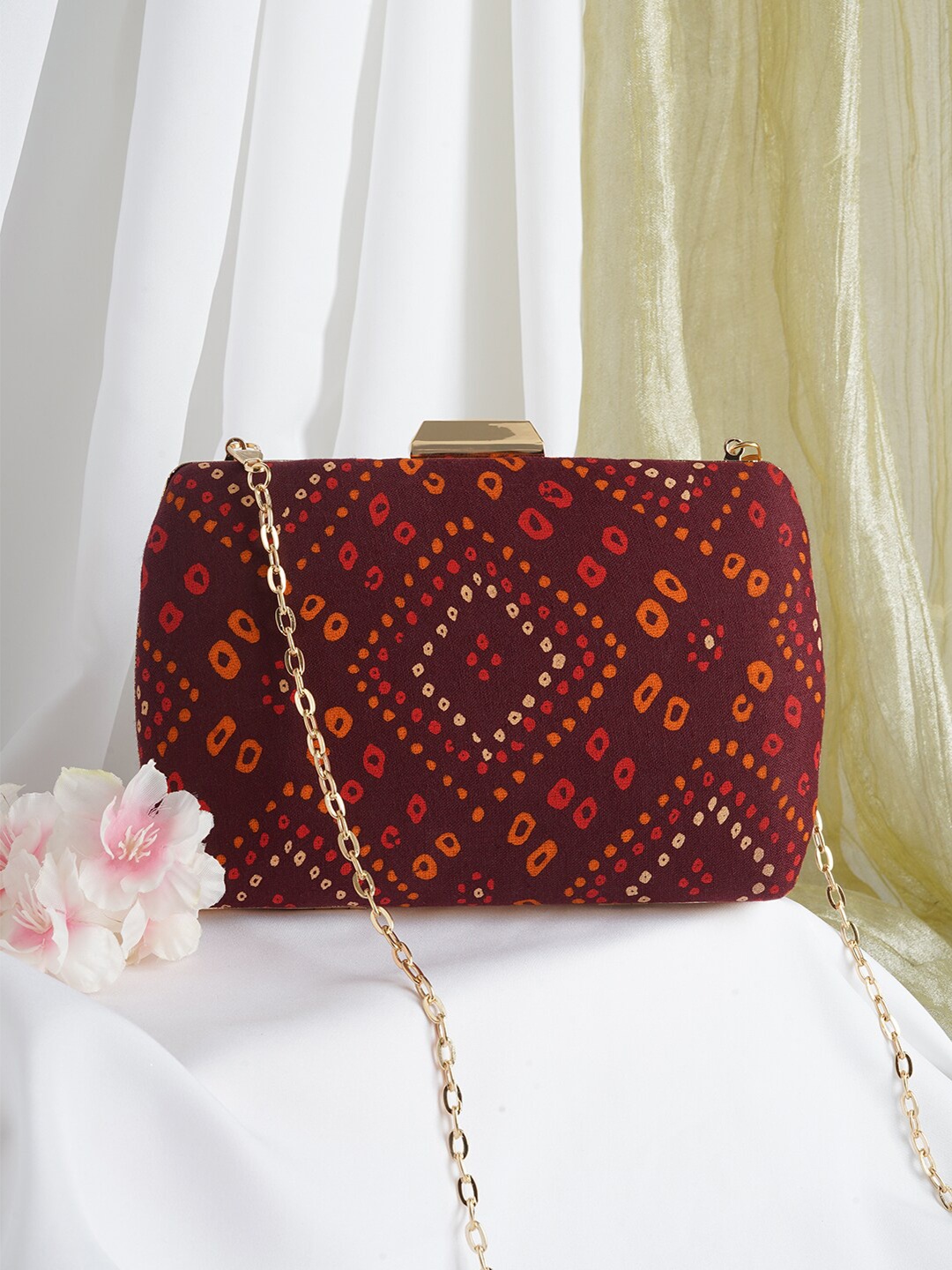 

TEEJH Printed Box Clutch, Maroon