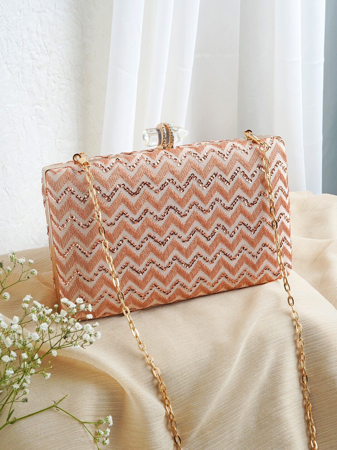 

TEEJH Embroidered Embellished Box Clutch, Peach