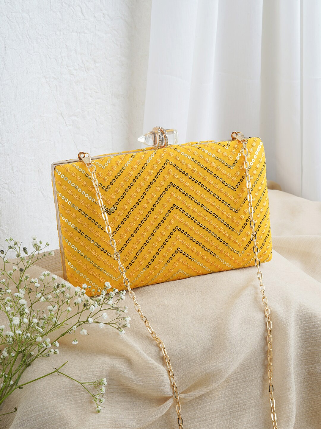

TEEJH Embroidered Box Clutch, Yellow