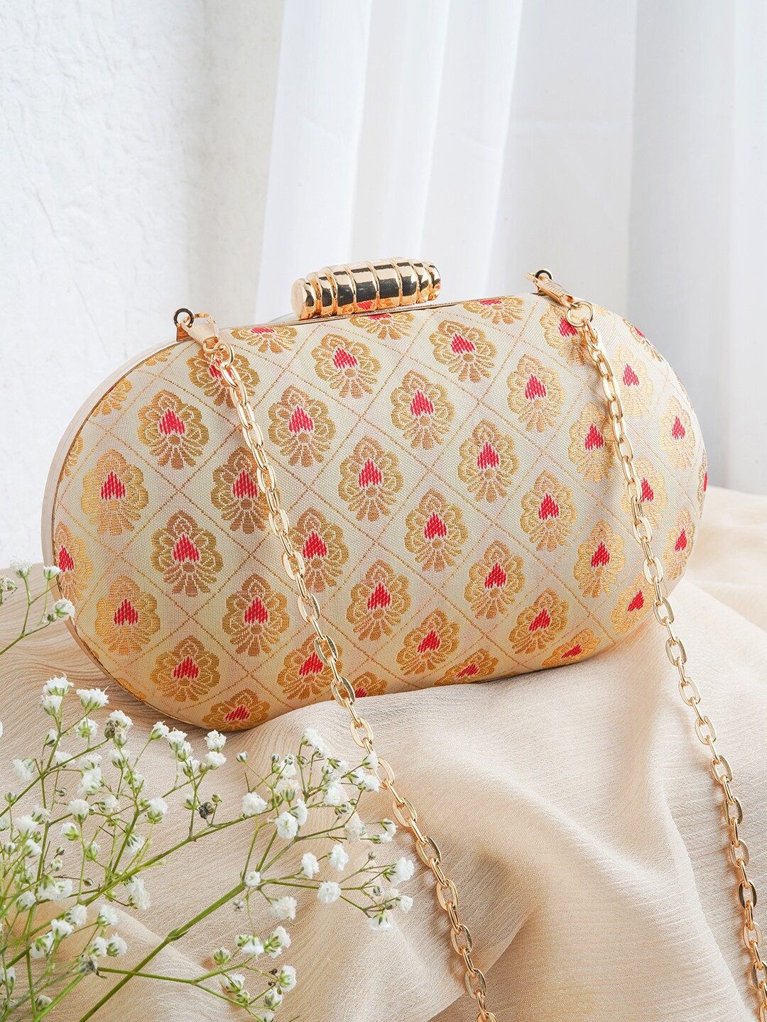 

TEEJH Embroidered Box Clutch With Shoulder Strap, Cream