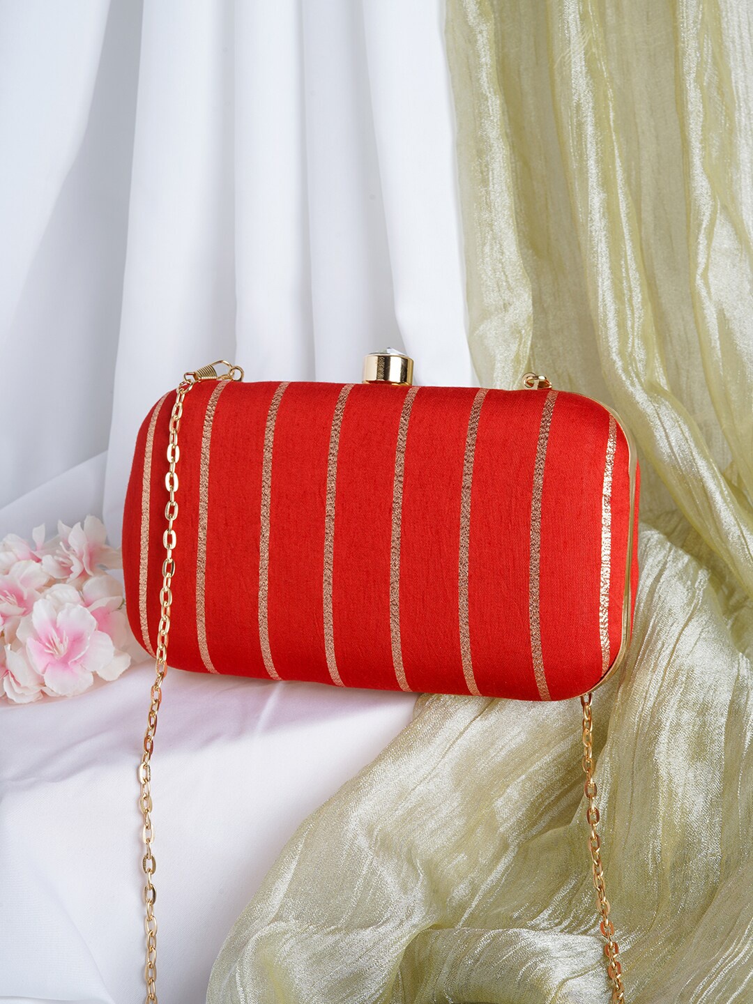 

TEEJH Embroidered Box Clutch With Shoulder Strap, Red