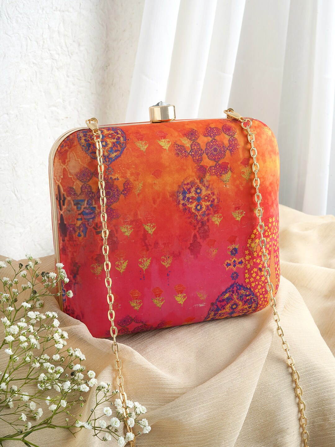 

TEEJH Printed Box Clutch With Shoulder Strap, Pink