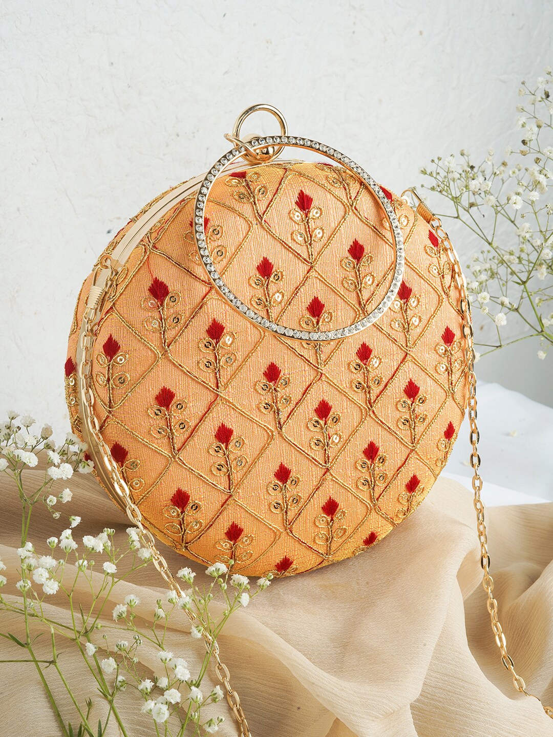 

TEEJH Embroidered Box Clutch With Shoulder Strap, Peach