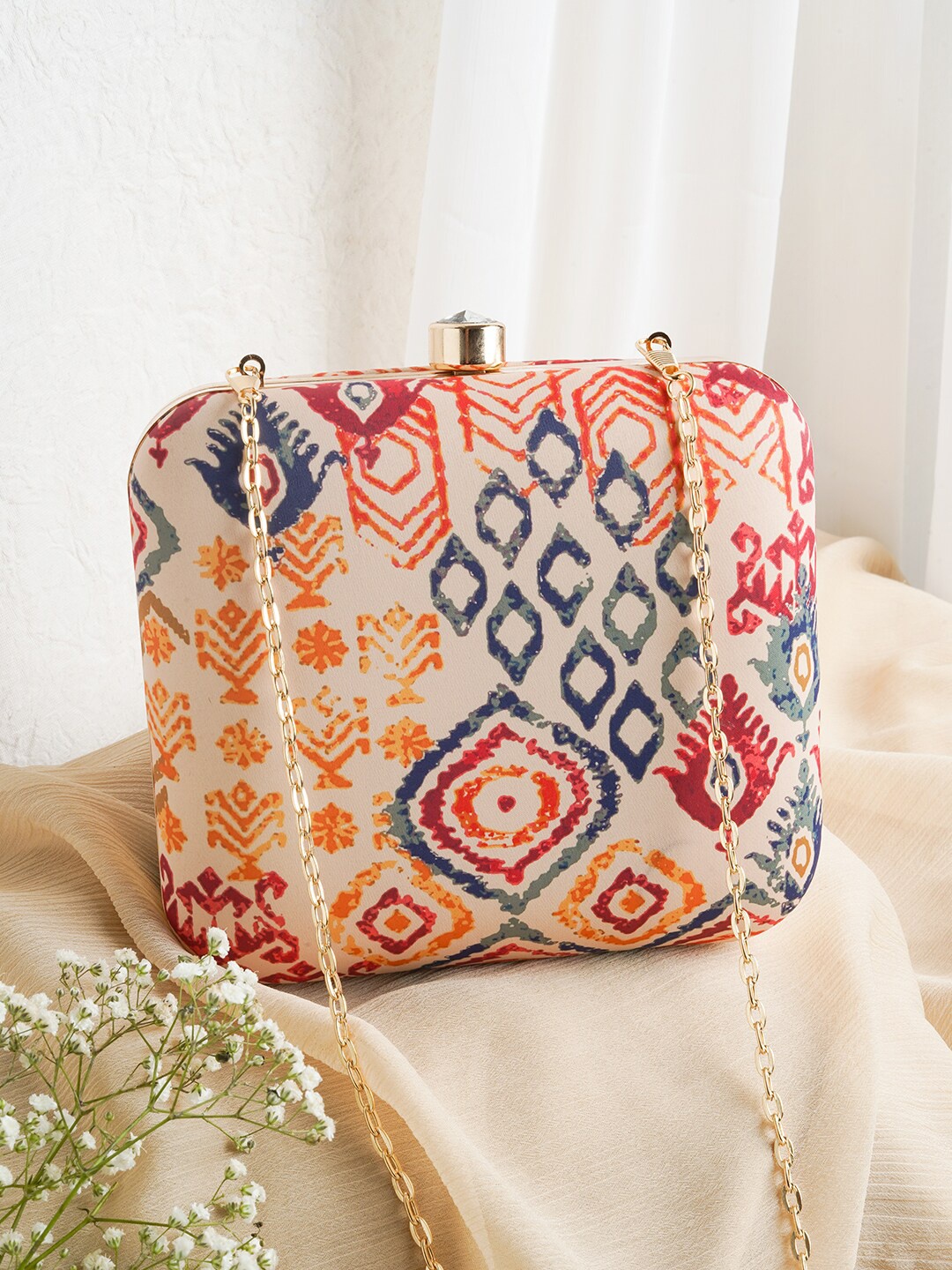 

TEEJH Printed Box Clutch With Shoulder Strap, Cream