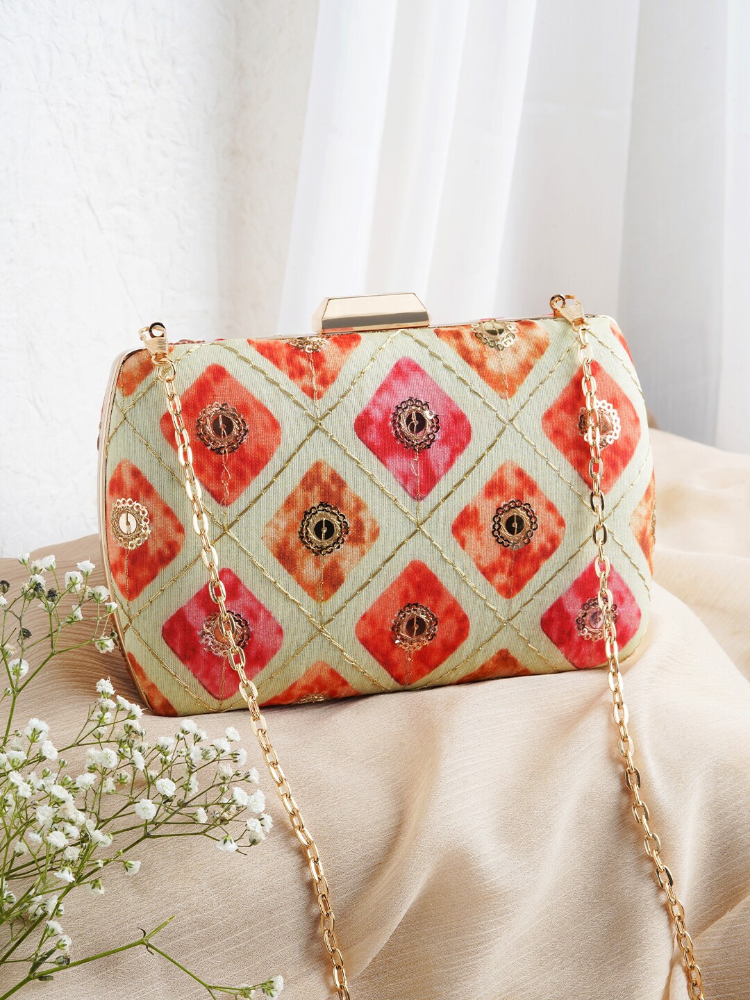 

TEEJH Embroidered Box Clutch With Shoulder Strap, Grey