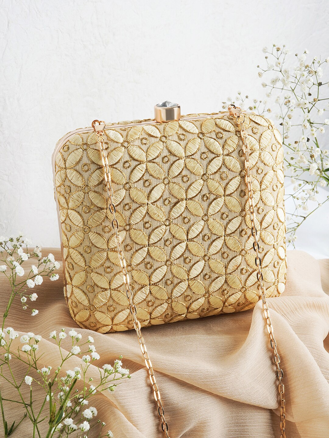 

TEEJH Embroidered Box Clutch With Shoulder Strap, Cream