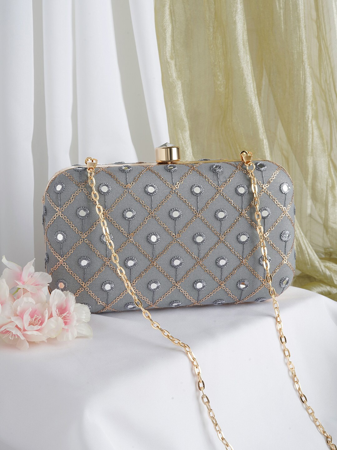 

TEEJH Embroidered Box Clutch With Shoulder Strap, Grey