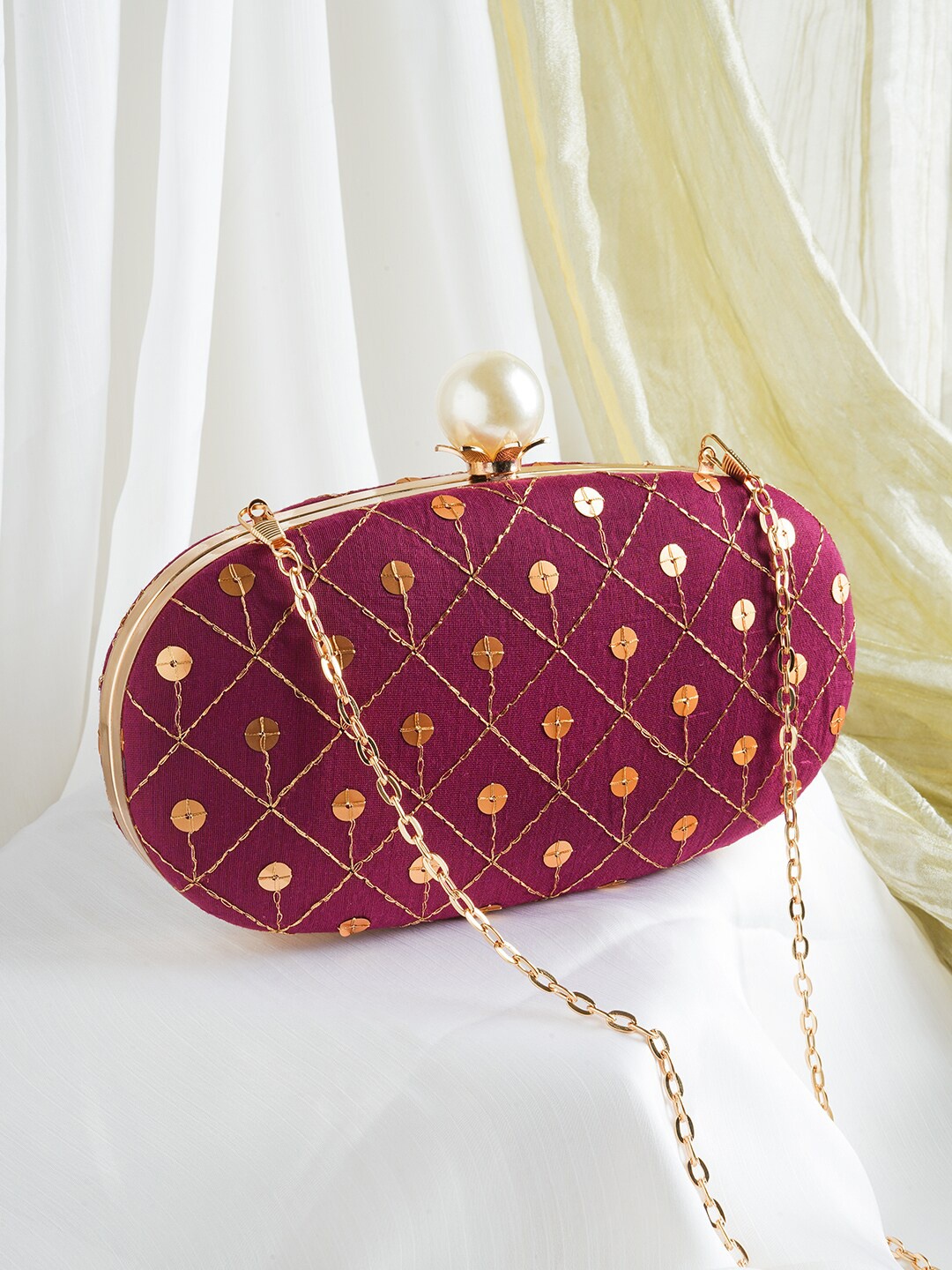 

TEEJH Embellished Box Clutch With Shoulder Strap, Maroon