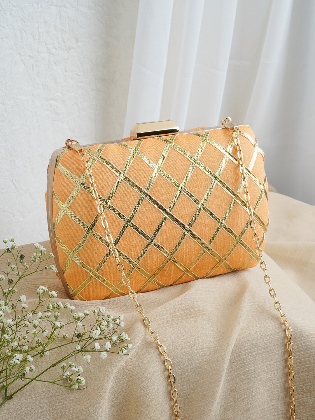 

TEEJH Embroidered Box Clutch With Shoulder Strap, Peach