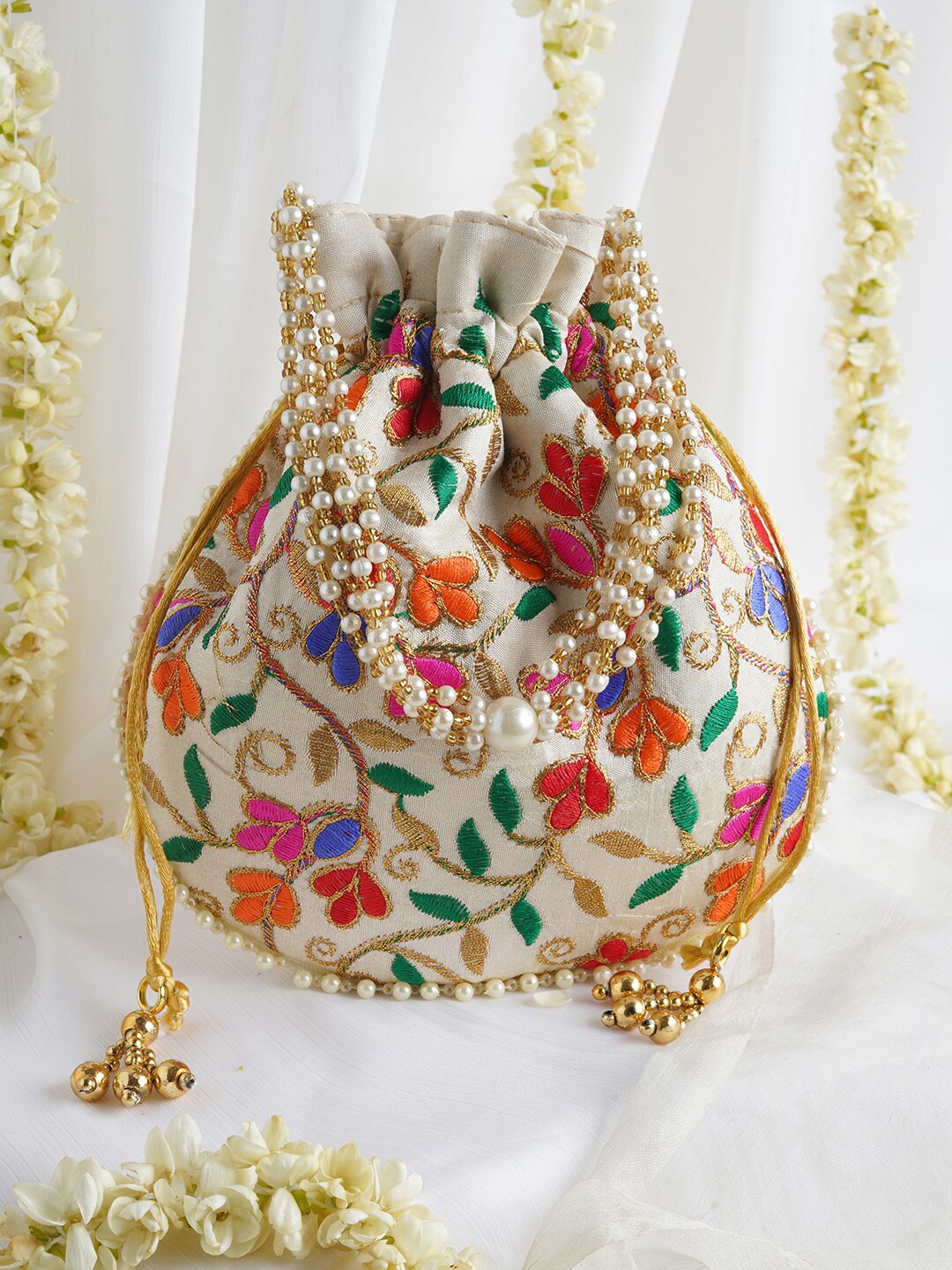 

TEEJH Embroidered Potli Clutch With Wrist Loop, Cream