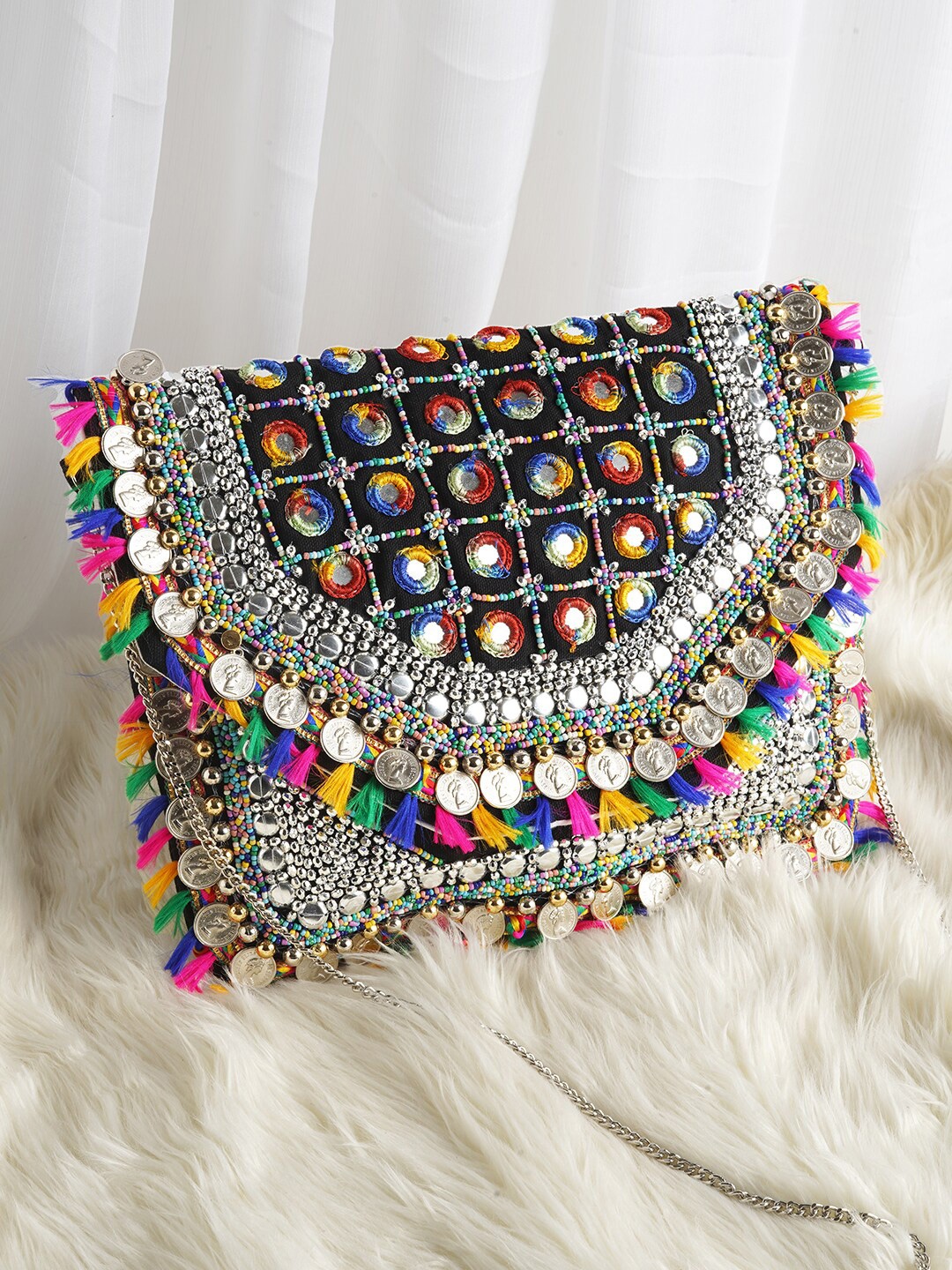

TEEJH Embroidered Purse Clutch With Shoulder Strap, Black