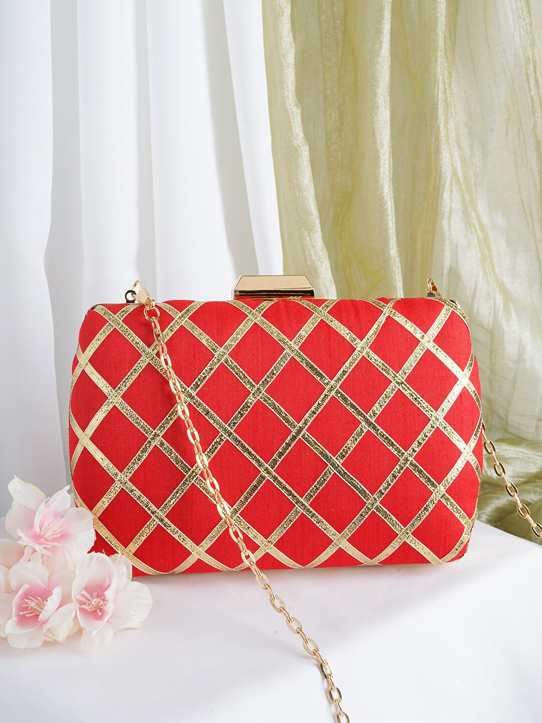 

TEEJH Embroidered Box Clutch, Red