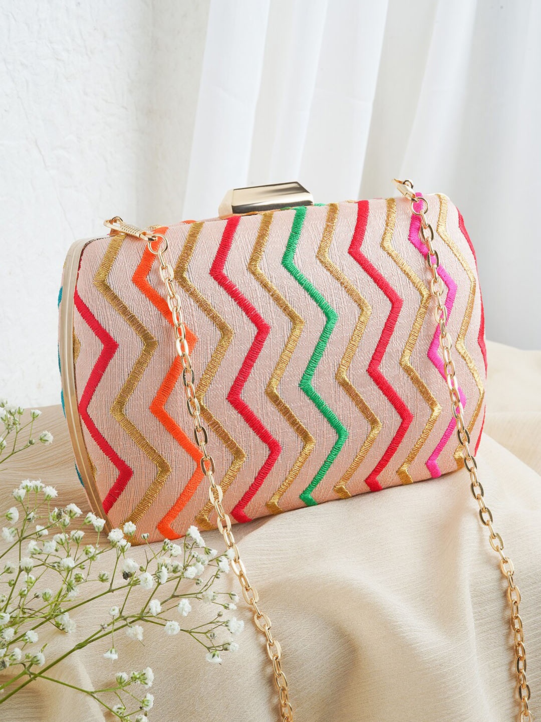 

TEEJH Embroidered Box Clutch With Shoulder Strap, Pink