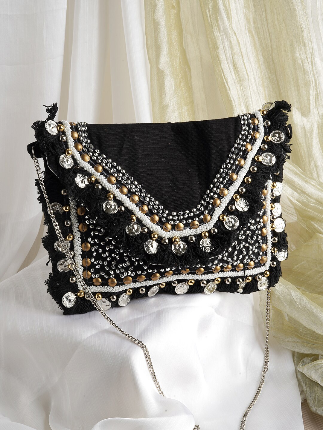 

TEEJH Embroidered Envelope Clutch With Shoulder Strap, Black