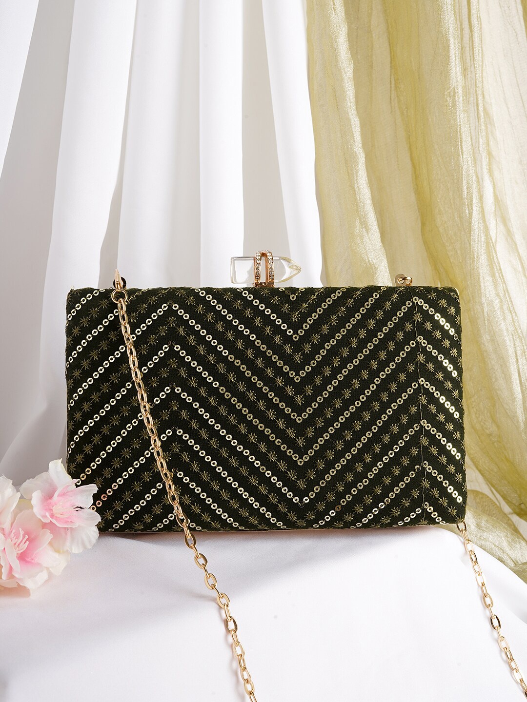 

TEEJH Embellished Box Clutch With Shoulder Strap, Green