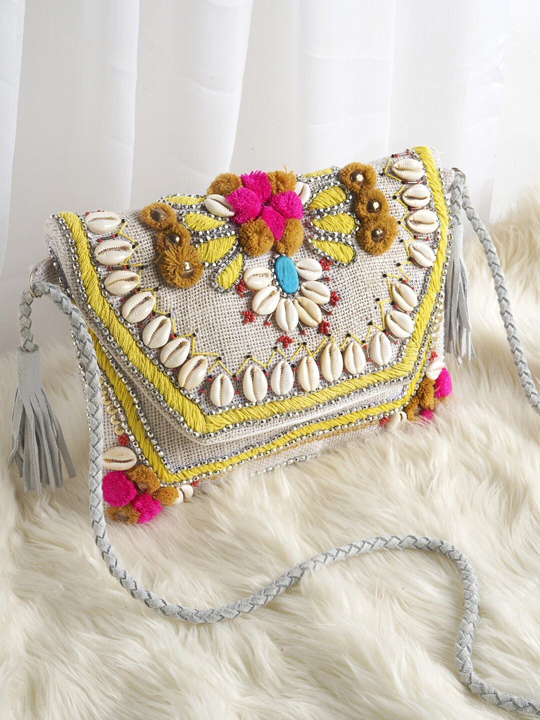 

TEEJH Shoulder Strap Embroidered Purse, Cream