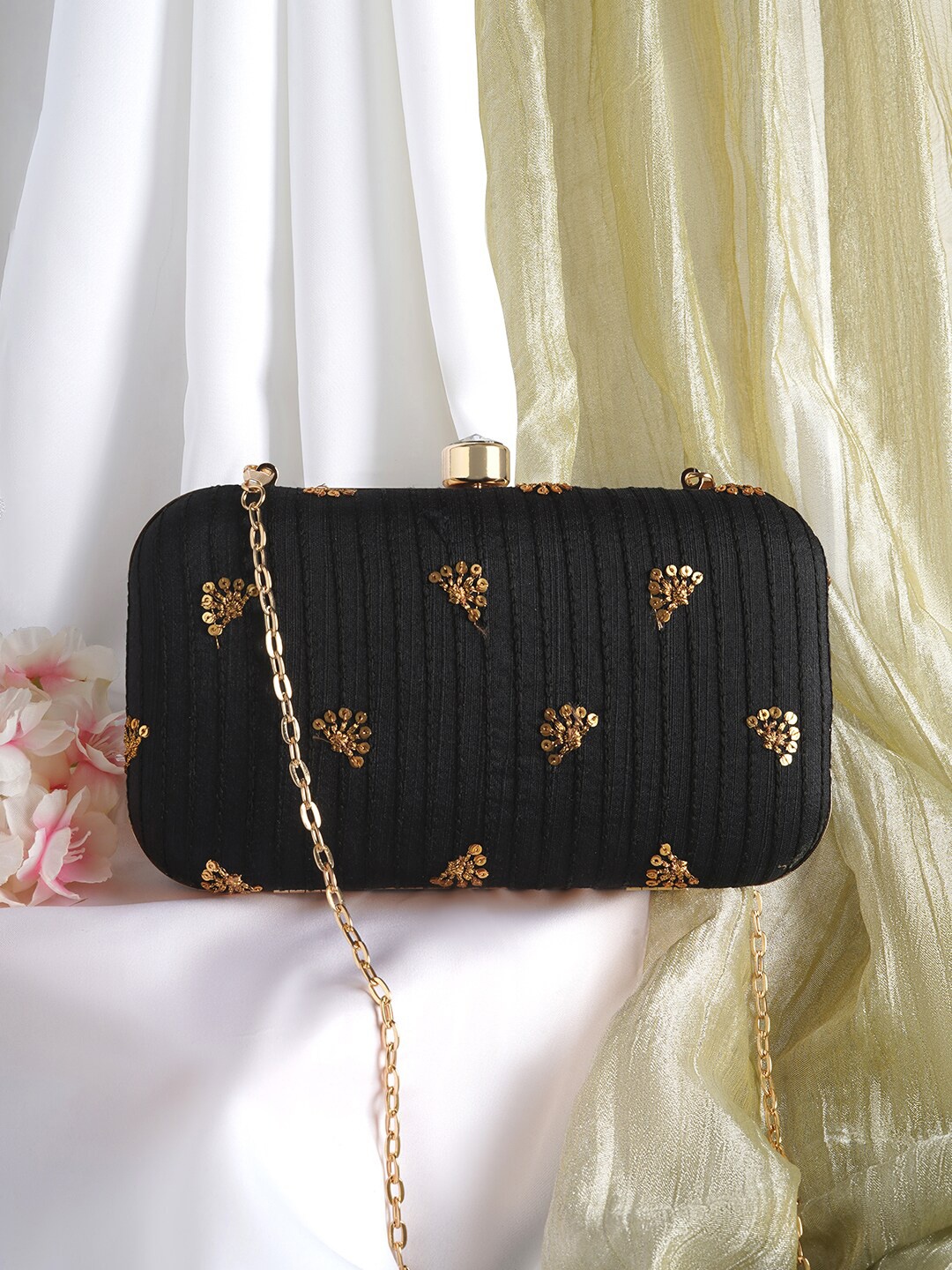 

TEEJH Embroidered Box Clutch, Black