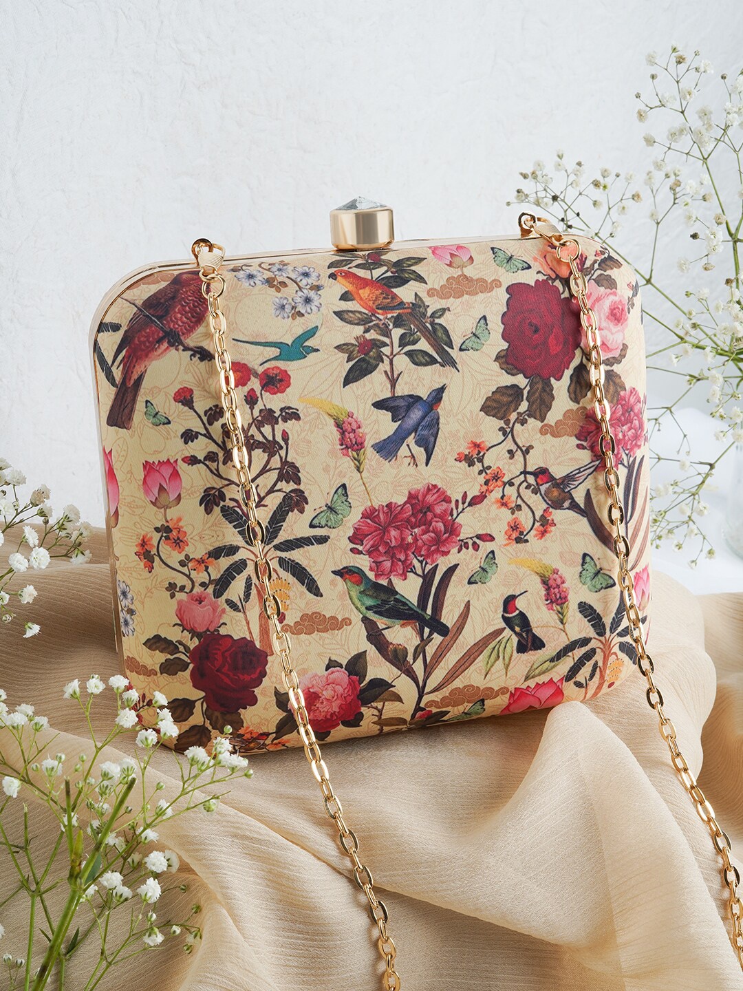 

TEEJH Printed Box Clutch, Cream