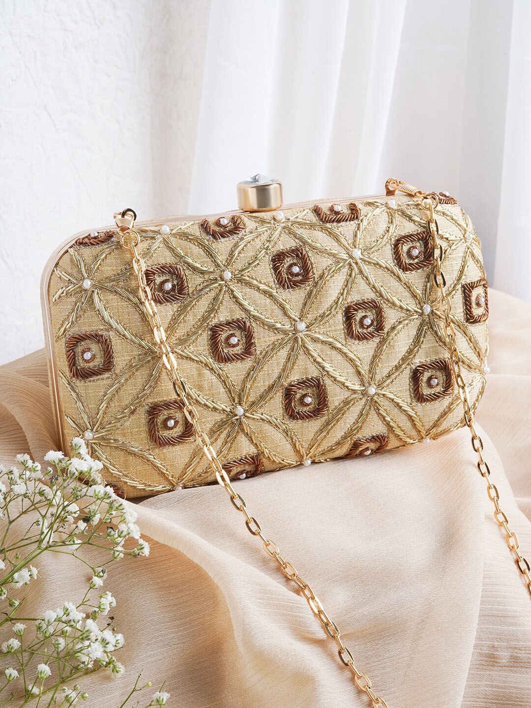 

TEEJH Embroidered Box Clutch, Gold