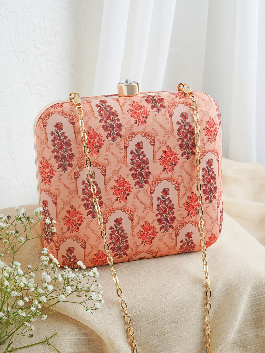 

TEEJH Printed Box Clutch, Peach