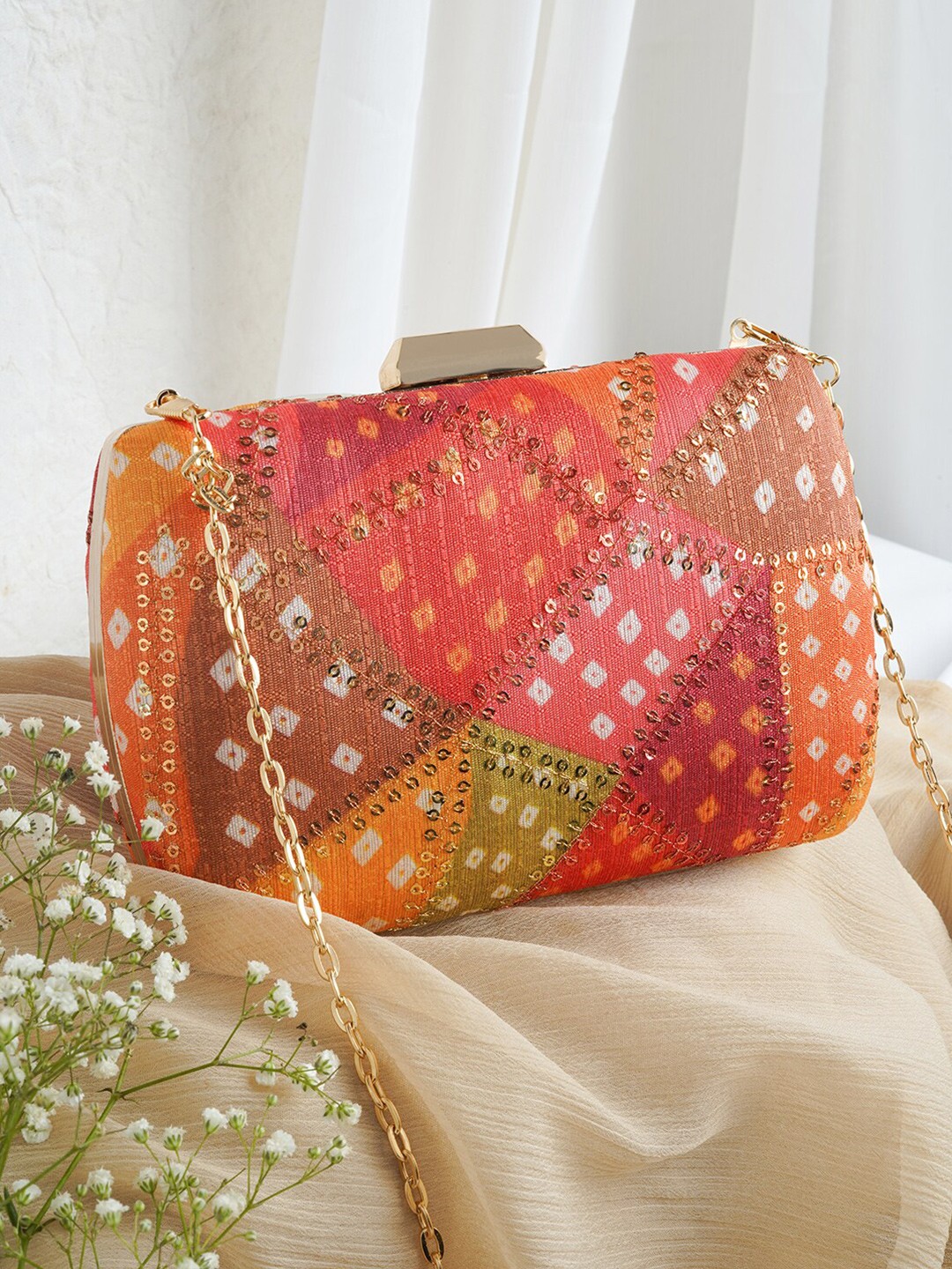 

TEEJH Printed Box Clutch, Orange