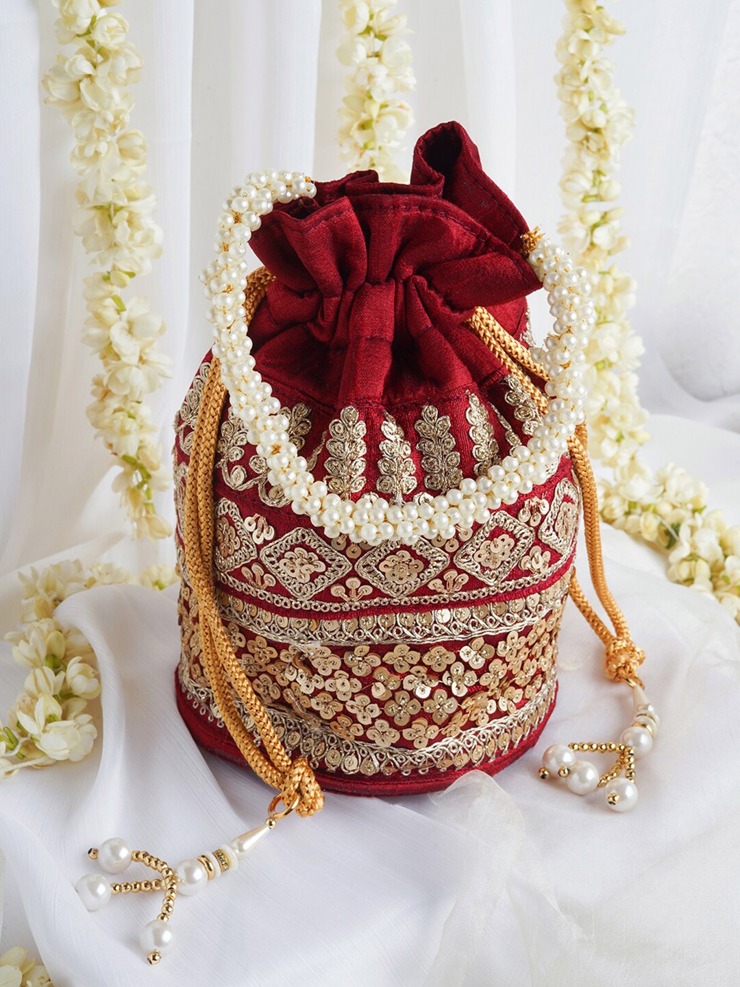 

TEEJH Embroidered Potli Clutch, Maroon