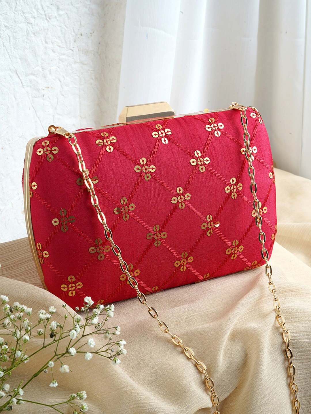 

TEEJH Embroidered Box Clutch, Red