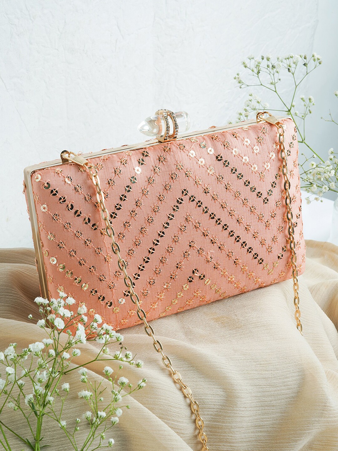 

TEEJH Embellished Box Clutch, Peach