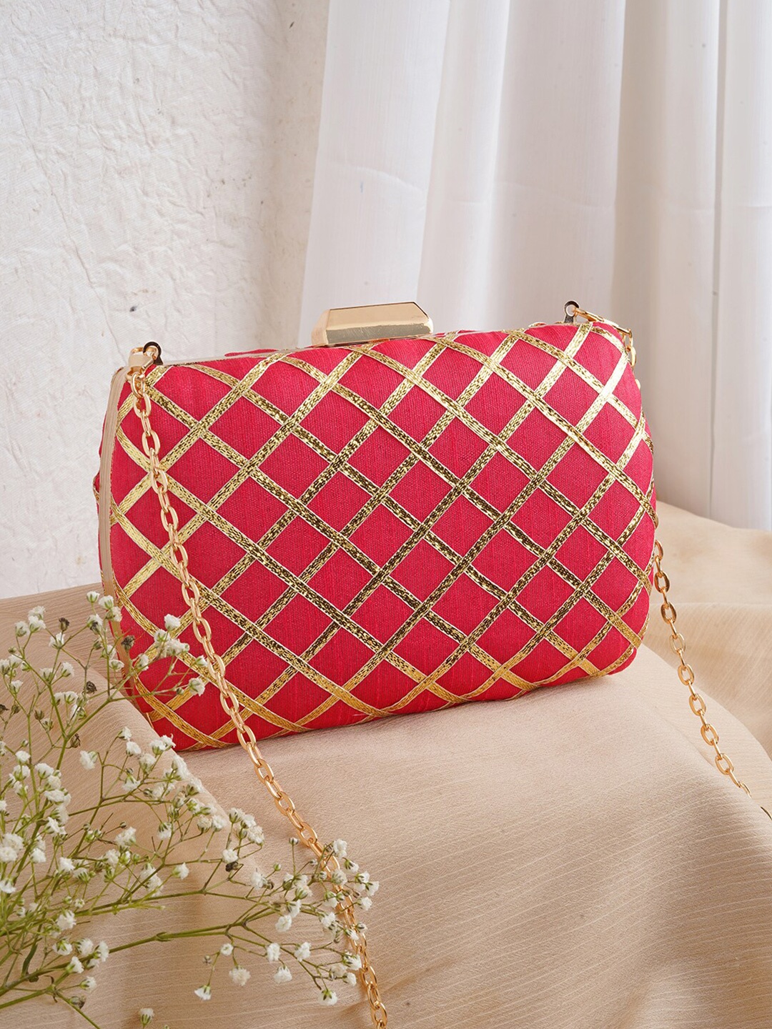 

TEEJH Embroidered Box Clutch, Pink