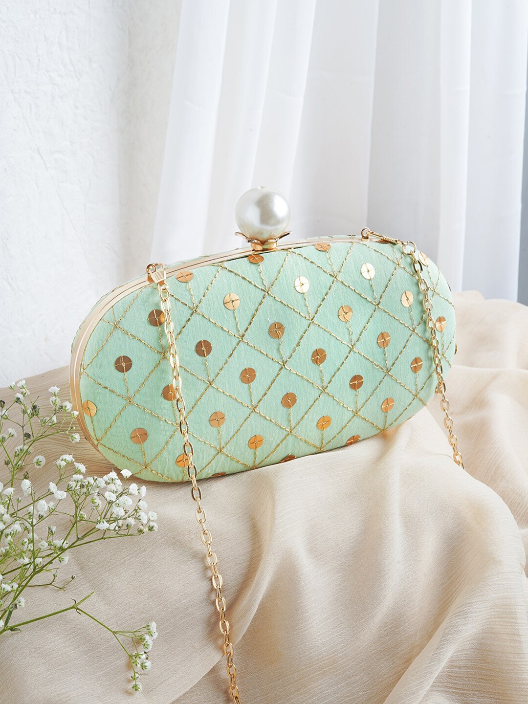 

TEEJH Embroidered Embellished Box Clutch, Sea green