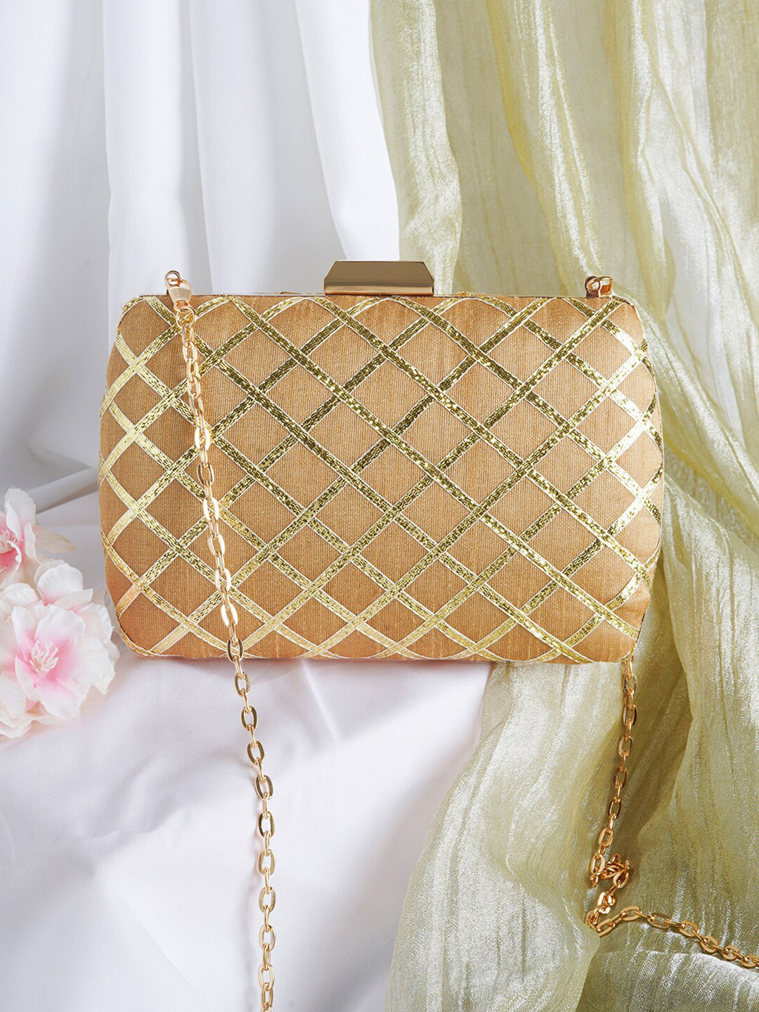 

TEEJH Embroidered Box Clutch, Gold