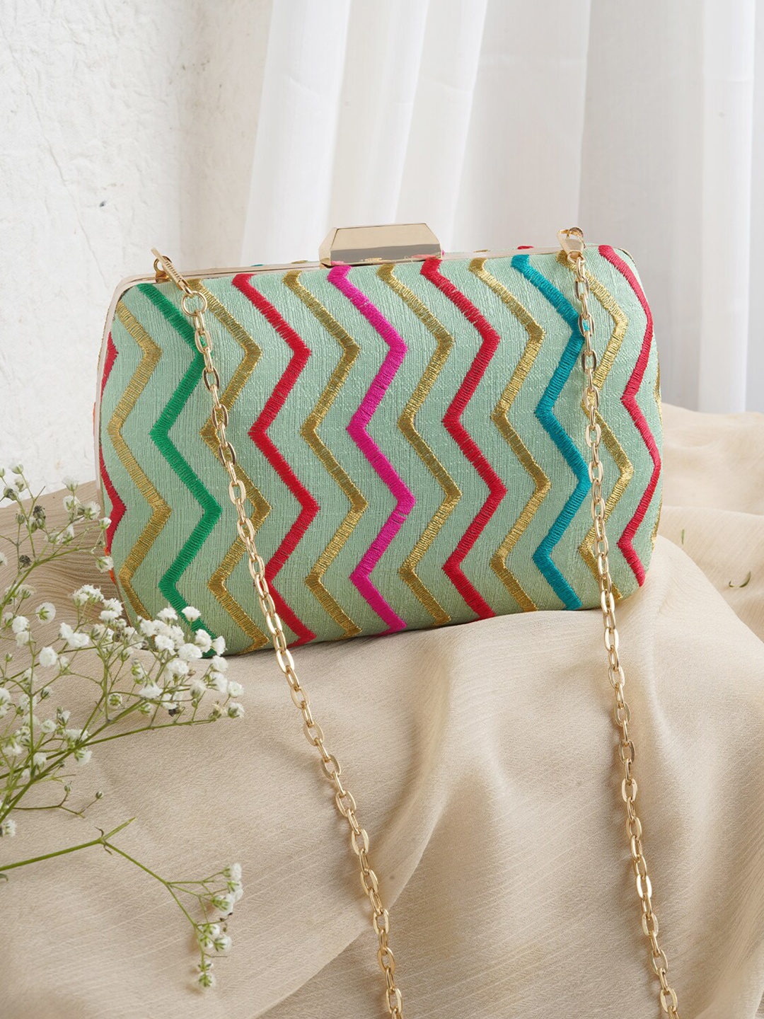 

TEEJH Embroidered Box Clutch, Sea green