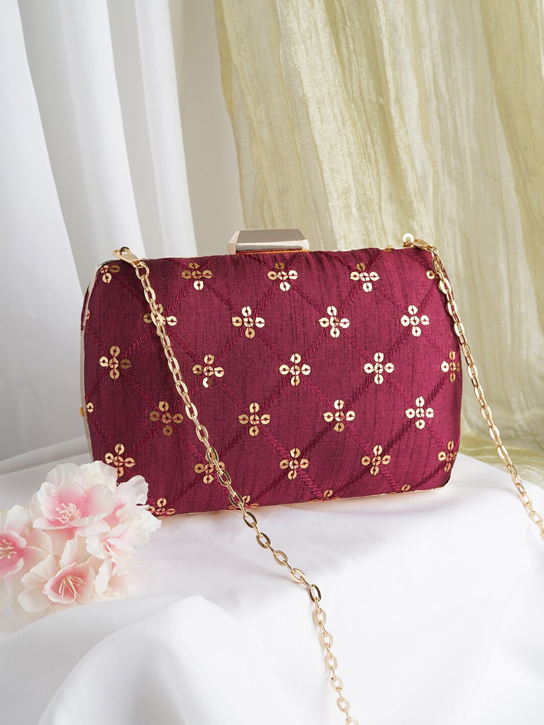 

TEEJH Maroon & Gold-Toned Embellished Box Clutch