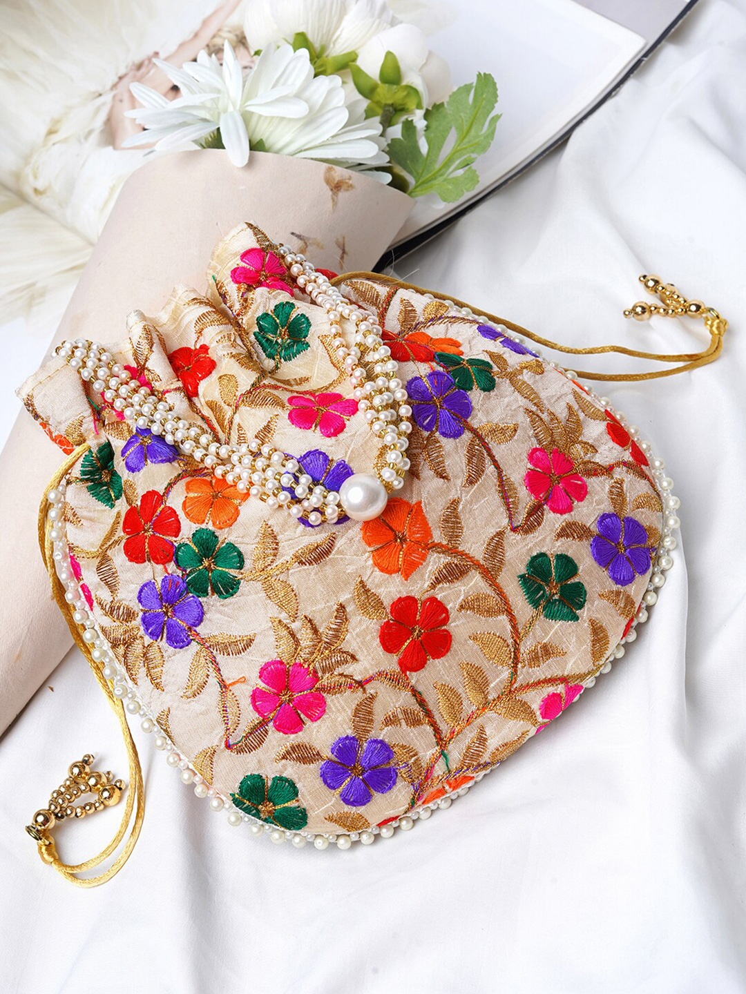 

TEEJH Embroidered Potli Clutch, Cream