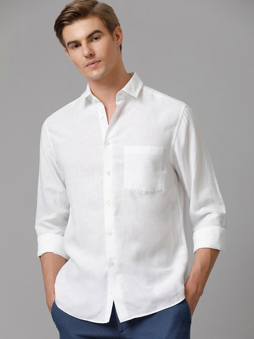 

Aldeno Comfort Spread Collar Long Sleeve Linen Casual Shirt, White