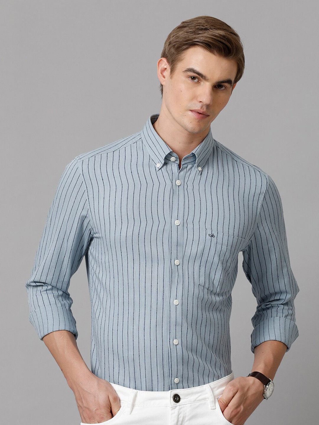 

Aldeno India Slim Vertical Stripes Spread Collar Pure Cotton Casual Shirt, Blue