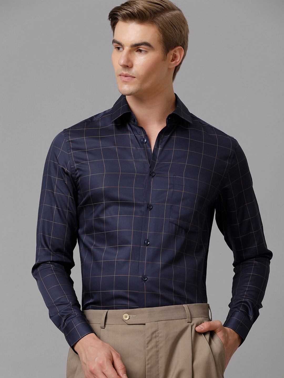 

Aldeno India Slim Windowpane Checks Pure Cotton Formal Shirt, Navy blue