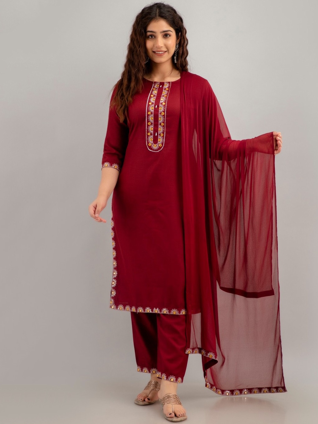 

CKM Round Neck Mirror Work Detailed Straight Kurta & Trousers with Dupatta, Maroon