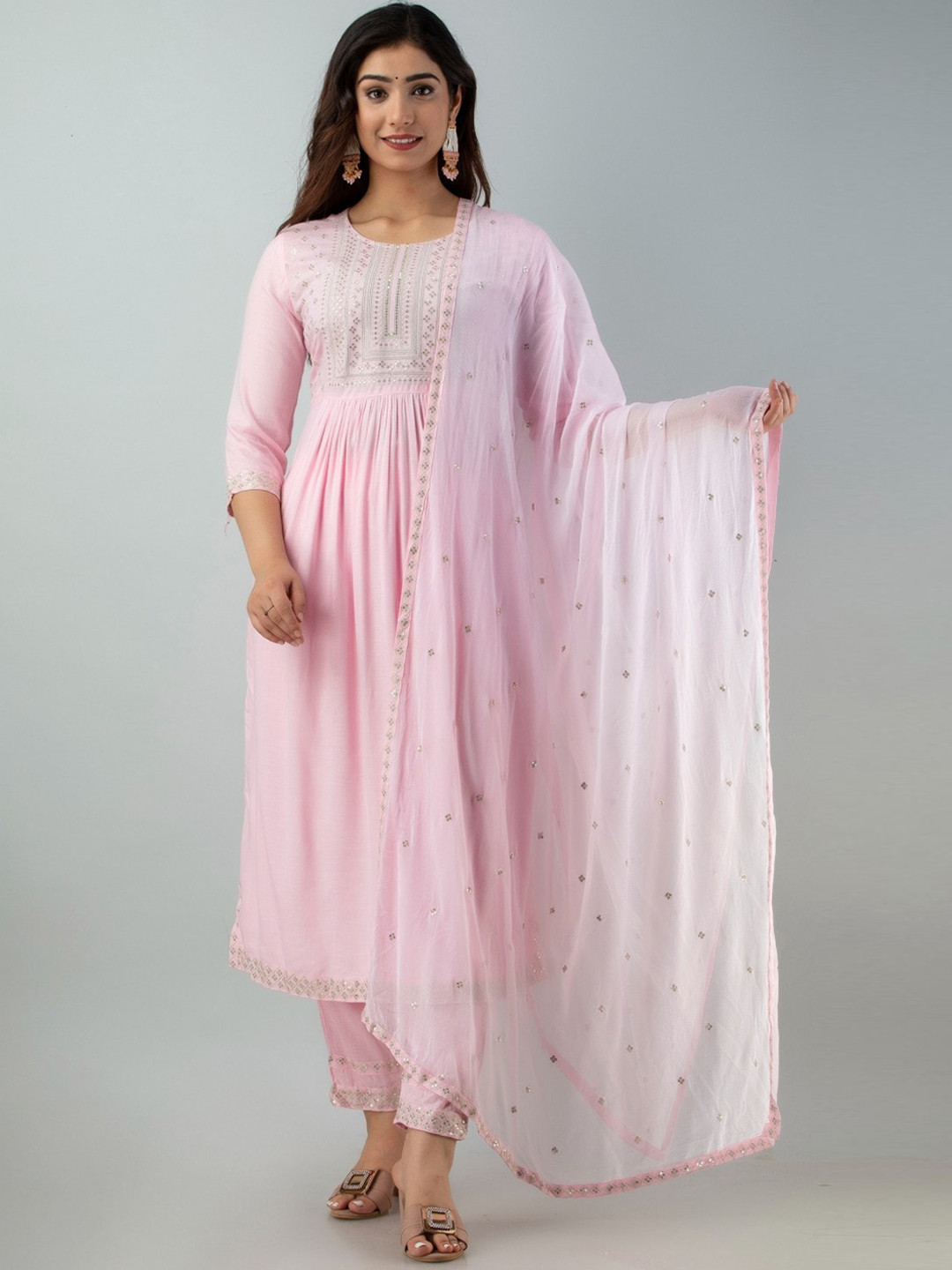 

CKM Sequinned Detailed Pleated A-Line Kurta & Trousers with Dupatta, Pink