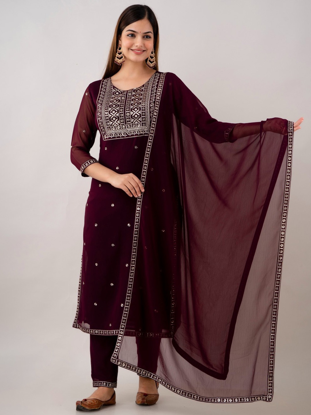 

CKM Ethnic Motifs Embroidered Zari Detailed Straight Kurta & Trousers with Dupatta, Maroon