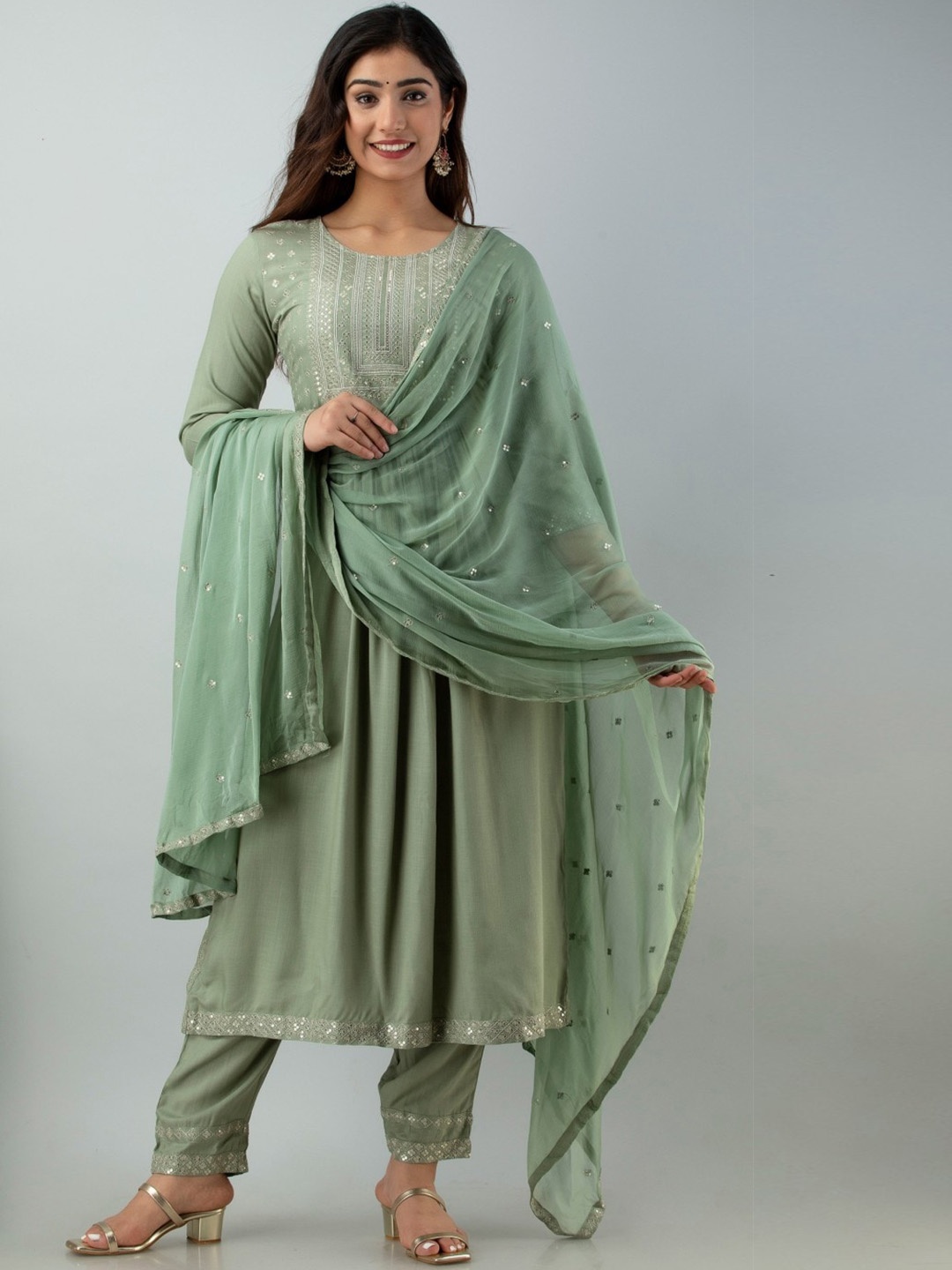 

CKM Sequinned Detailed Pleated A-Line Kurta & Trousers with Dupatta, Green