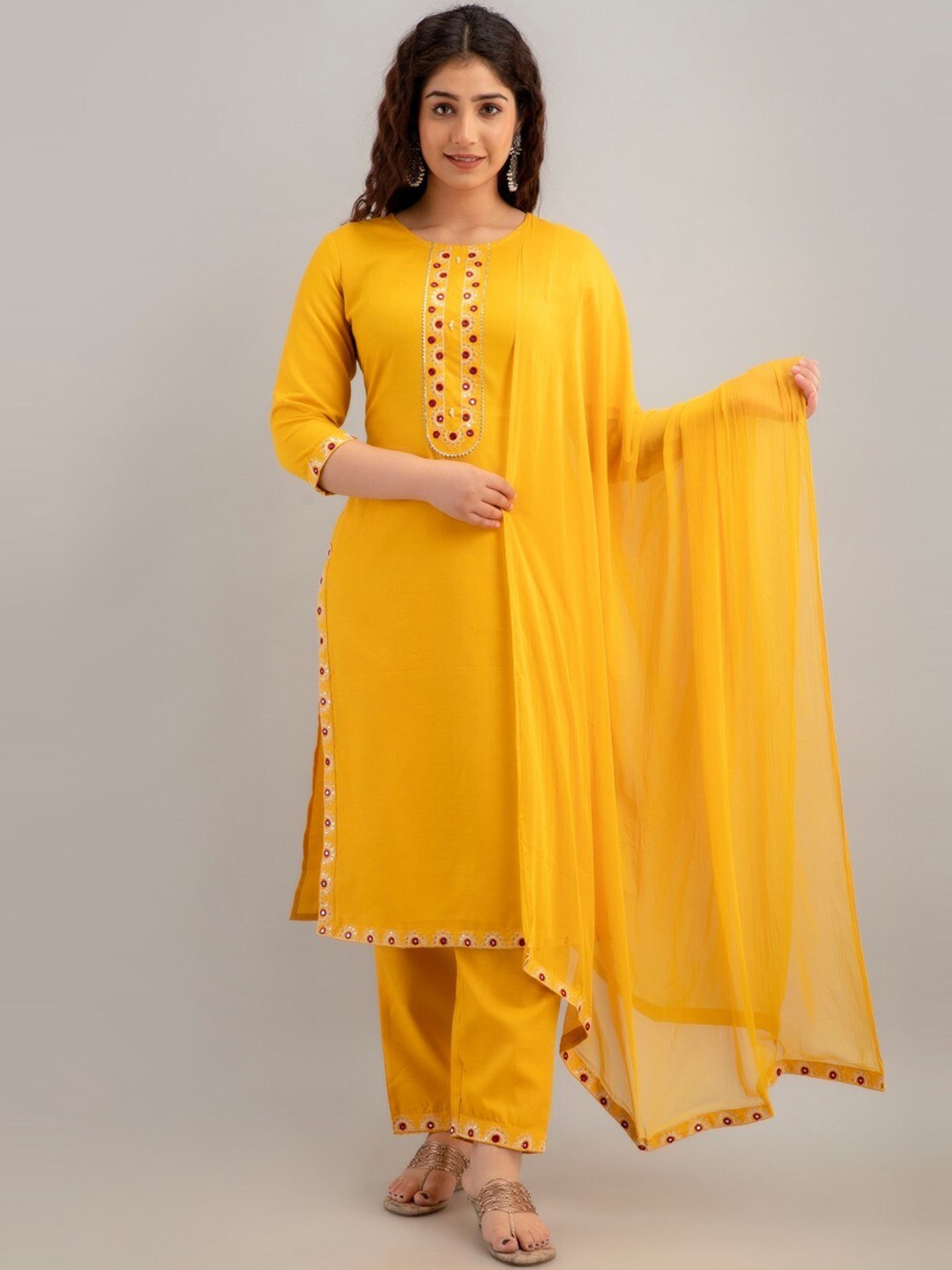 

CKM Ethnic Motifs Round Neck Gotta Patti Kurta With Trousers & Dupatta, Yellow