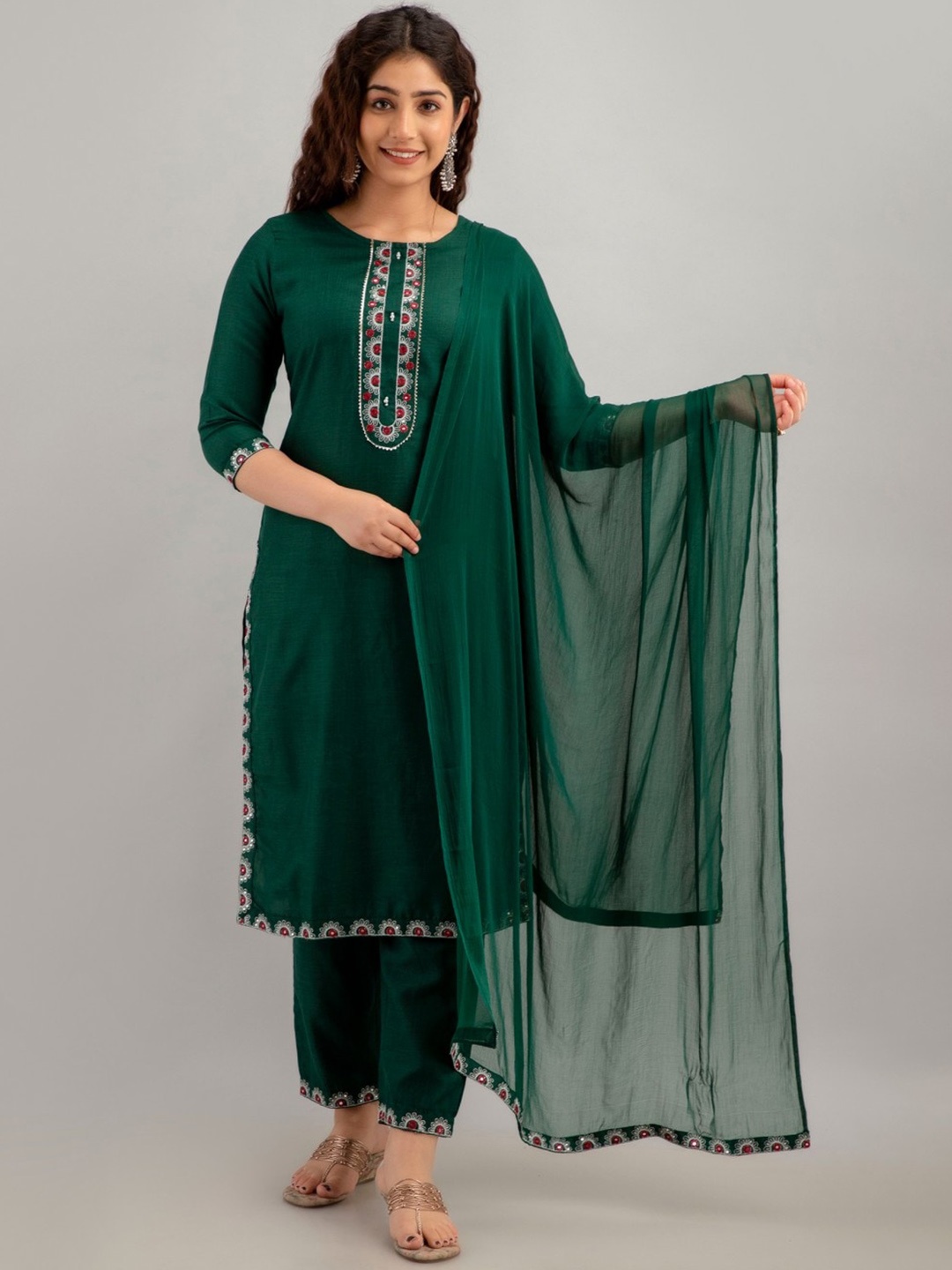 

CKM Round Neck Mirror Work Detailed Straight Kurta & Trousers with Dupatta, Green