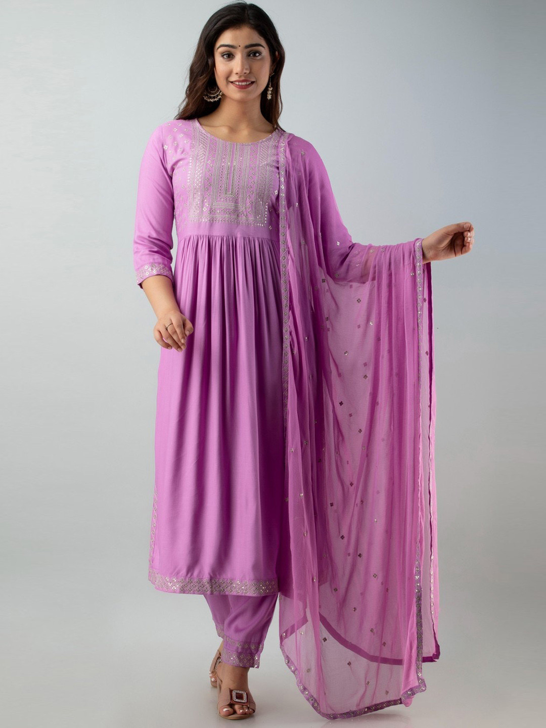 

CKM Sequinned Detailed Pleated A-Line Kurta & Trousers with Dupatta, Lavender